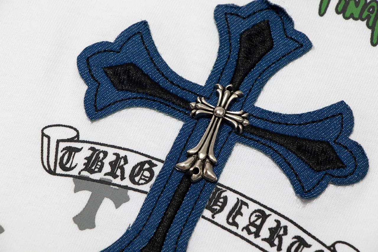 P170 Chrome Hearts Chrome Hearts Cross Metallic Denim Splicing Short Sleeves Size: SMLXL Color: White Black
